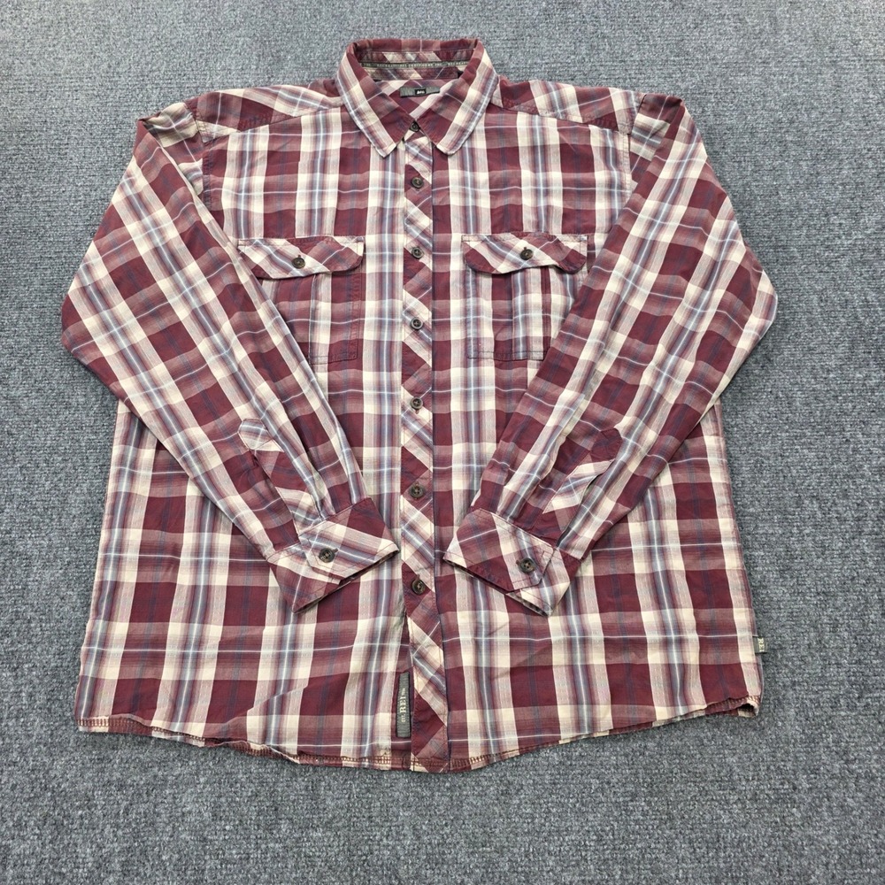 REI Co-op Mens L‎ Plaid Button Up Shirt Outdoor Camping Hiking Red Long Sleeve